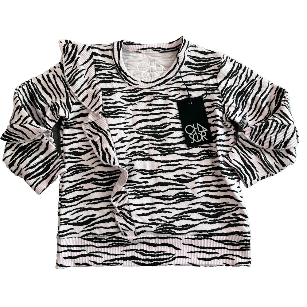 Chaser Sweatshirt Girls Size 6 Zebra Print Pink/Black Ruffle Crew Neck Pullover